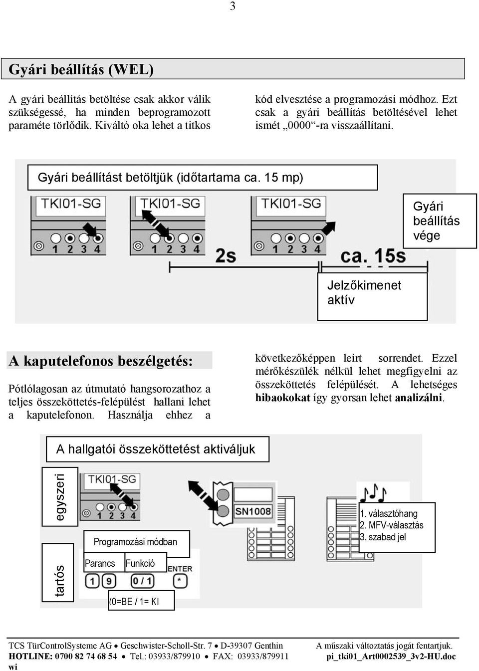 15 mp) Gyári beállítás vége Jelzőkimenet aktív A kaputelefonos beszélgetés: Pótlólagosan az útmutató hangsorozathoz a teljes összeköttetés-felépülést hallani lehet a kaputelefonon.