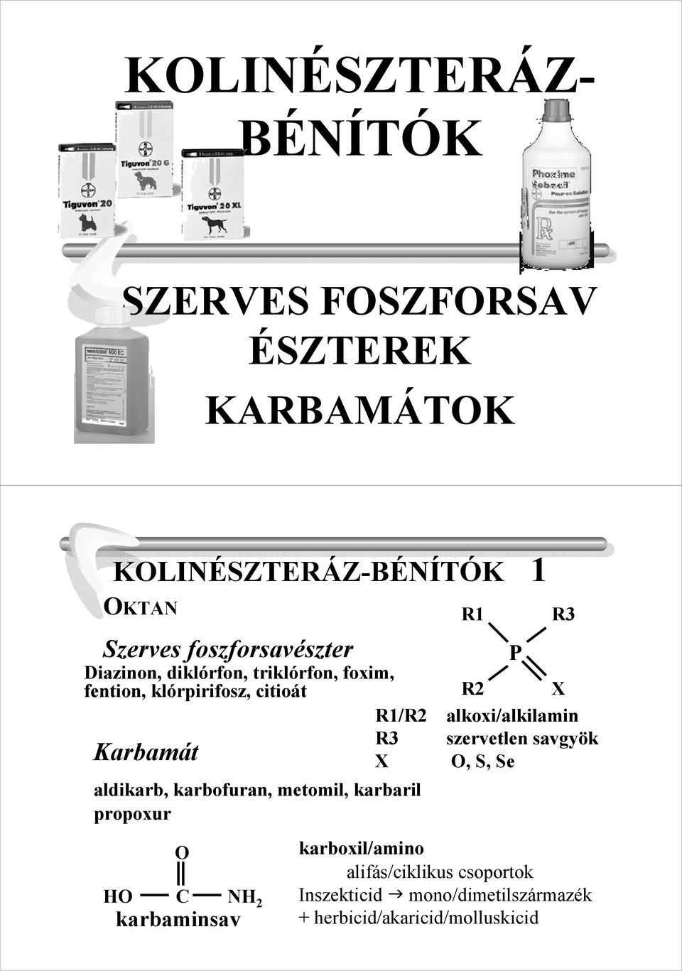 alkoxi/alkilamin R3 szervetlen savgyök Karbamát X O, S, Se aldikarb, karbofuran, metomil, karbaril propoxur O