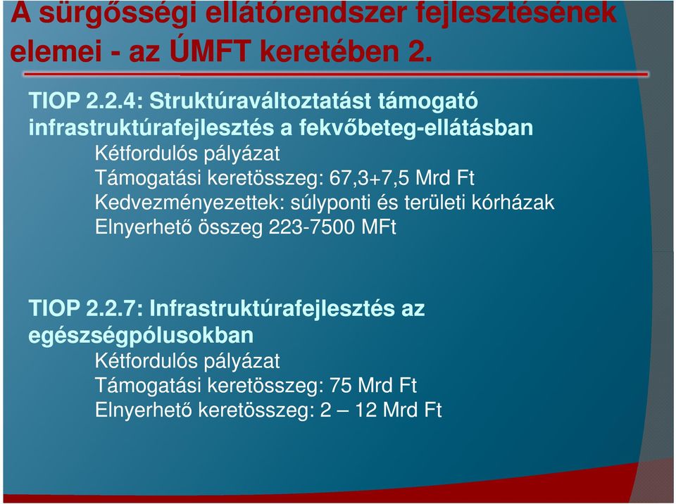 2.4: Struktúraváltoztatást támogató infrastruktúrafejlesztés a fekvőbeteg-ellátásbanellátásban Kétfordulós pályázat