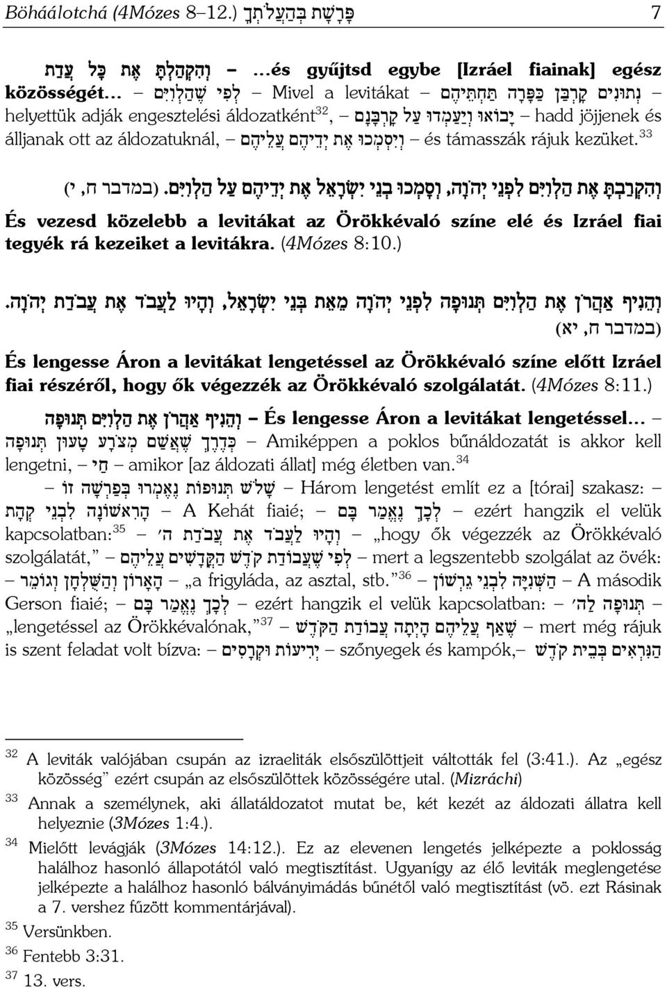 33 ו ה ק ר ב תּ א ת ה ל ו יּ ם ל פ נ י י ה ו ה, ו ס מ כוּ ב נ י י שׂ ר א ל א ת י ד יה ם ע ל ה ל ו יּ ם.