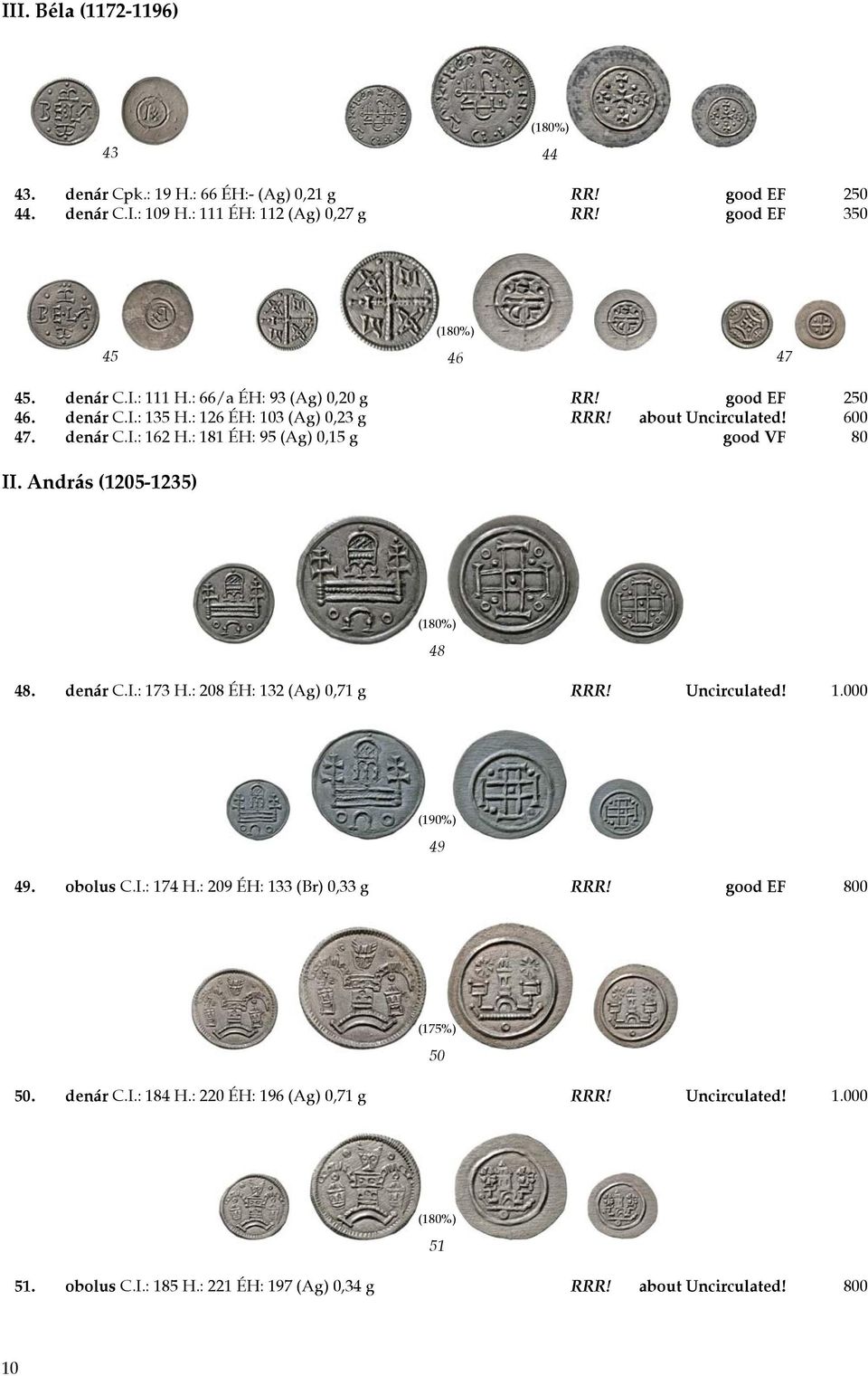 : 181 ÉH: 95 (Ag) 0,15 g good VF 80 II. András (1205-1235) (180%) 48 48. denár C.I.: 173 H.: 208 ÉH: 132 (Ag) 0,71 g RRR! Uncirculated! 1.000 (190%) 49 49. obolus C.I.: 174 H.