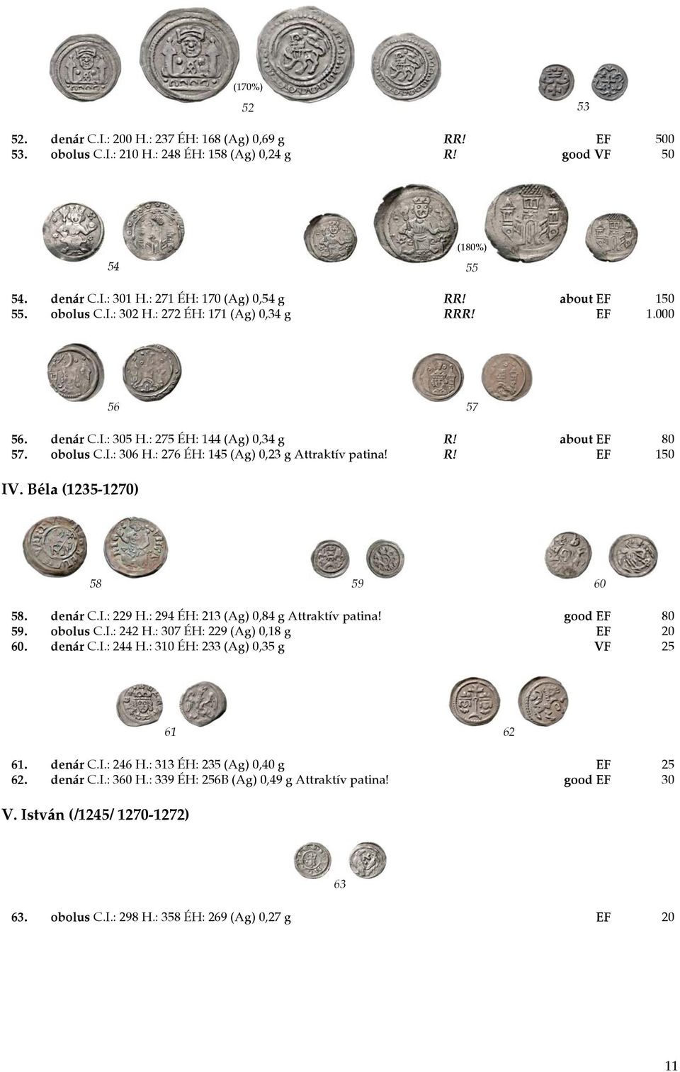 : 276 ÉH: 145 (Ag) 0,23 g Attraktív patina! R! EF 150 IV. Béla (1235-1270) 58 59 60 58. denár C.I.: 229 H.: 294 ÉH: 213 (Ag) 0,84 g Attraktív patina! good EF 80 59. obolus C.I.: 242 H.