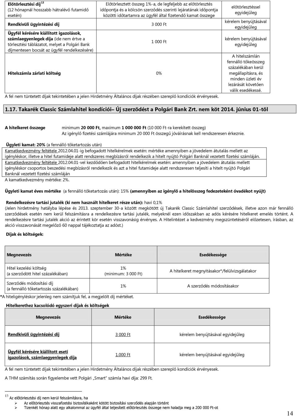 időtartamra az ügyfél által fizetendő kamat összege 3 000 Ft 1 000 Ft Hitelszámla zárlati költség 0% A fel nem tüntetett díjak tekintetében a jelen Hirdetmény Általános díjak részében szereplő