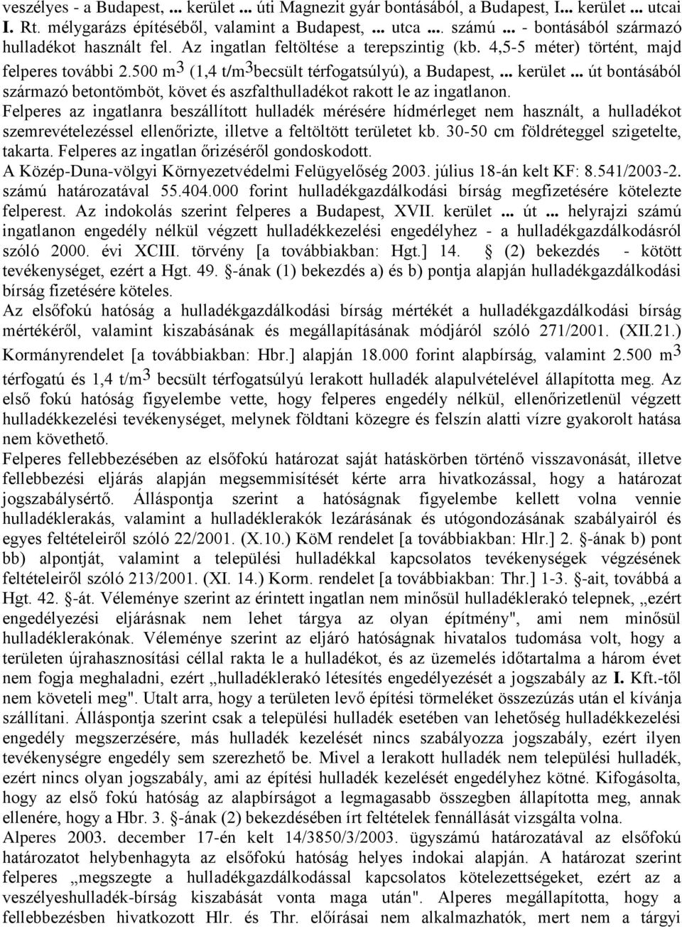 .. kerület... út bontásából származó betontömböt, követ és aszfalthulladékot rakott le az ingatlanon.