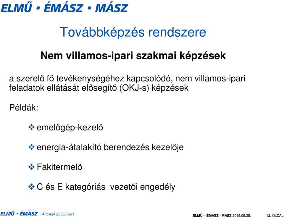 elősegítő (OKJ-s) képzések Példák: emelőgép-kezelő energia-átalakító