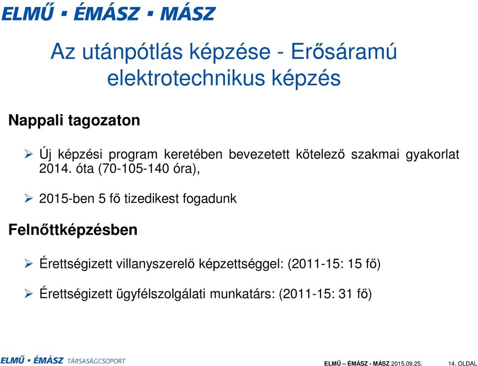 óta (70-105-140 óra), 2015-ben 5 fő tizedikest fogadunk Felnőttképzésben Érettségizett