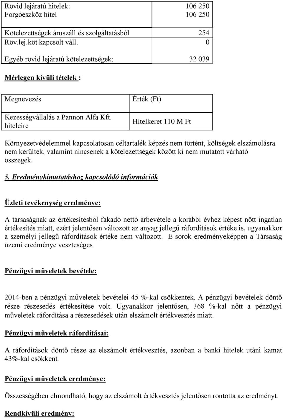 hiteleire Érték (Ft) Hitelkeret 110 M Ft Környezetvédelemmel kapcsolatosan céltartalék képzés nem történt, költségek elszámolásra nem kerültek, valamint nincsenek a kötelezettségek között ki nem