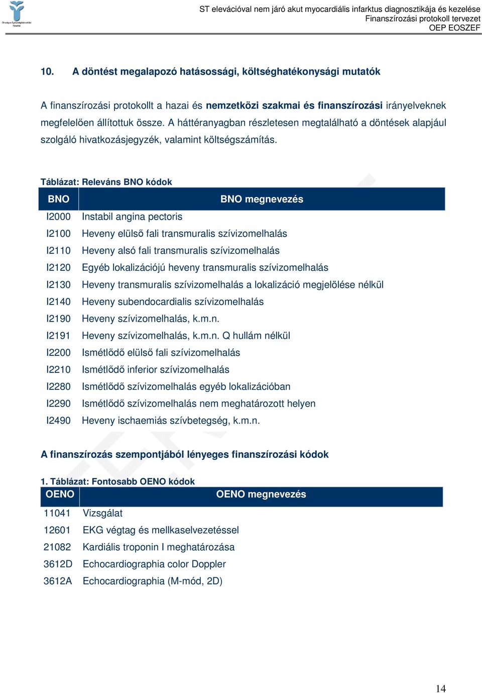 Táblázat: Releváns BNO kódok BNO BNO megnevezés I2000 Instabil angina pectoris I2100 Heveny elülsı fali transmuralis szívizomelhalás I2110 Heveny alsó fali transmuralis szívizomelhalás I2120 Egyéb