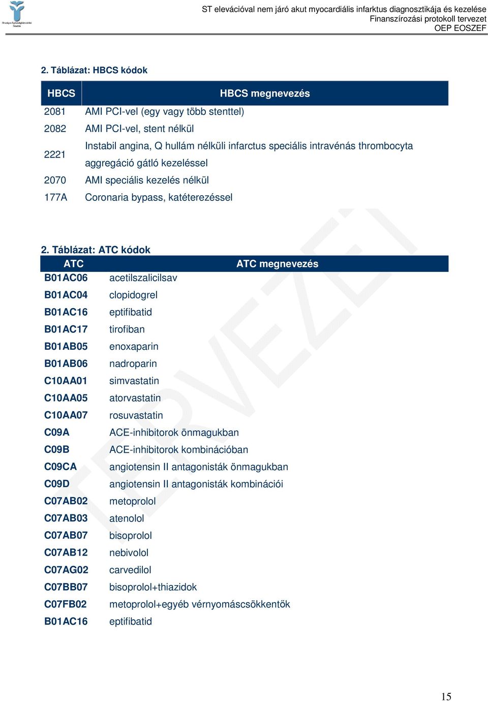Táblázat: ATC kódok ATC ATC megnevezés B01AC06 acetilszalicilsav B01AC04 clopidogrel B01AC16 eptifibatid B01AC17 tirofiban B01AB05 enoxaparin B01AB06 nadroparin C10AA01 simvastatin C10AA05