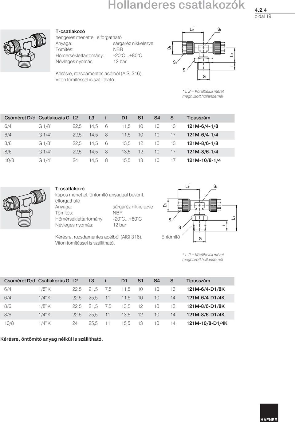 22,5 14,5 6 13,5 12 10 13 121M-8/6-1/8 8/6 1/4" 22,5 14,5 8 13,5 12 10 17 121M-8/6-1/4 10/8 1/4" 24 14,5 8 15,5 13 10 17 121M-10/8-1/4 T-csatlakozó kúpos menettel, öntömítő anyaggal bevont,