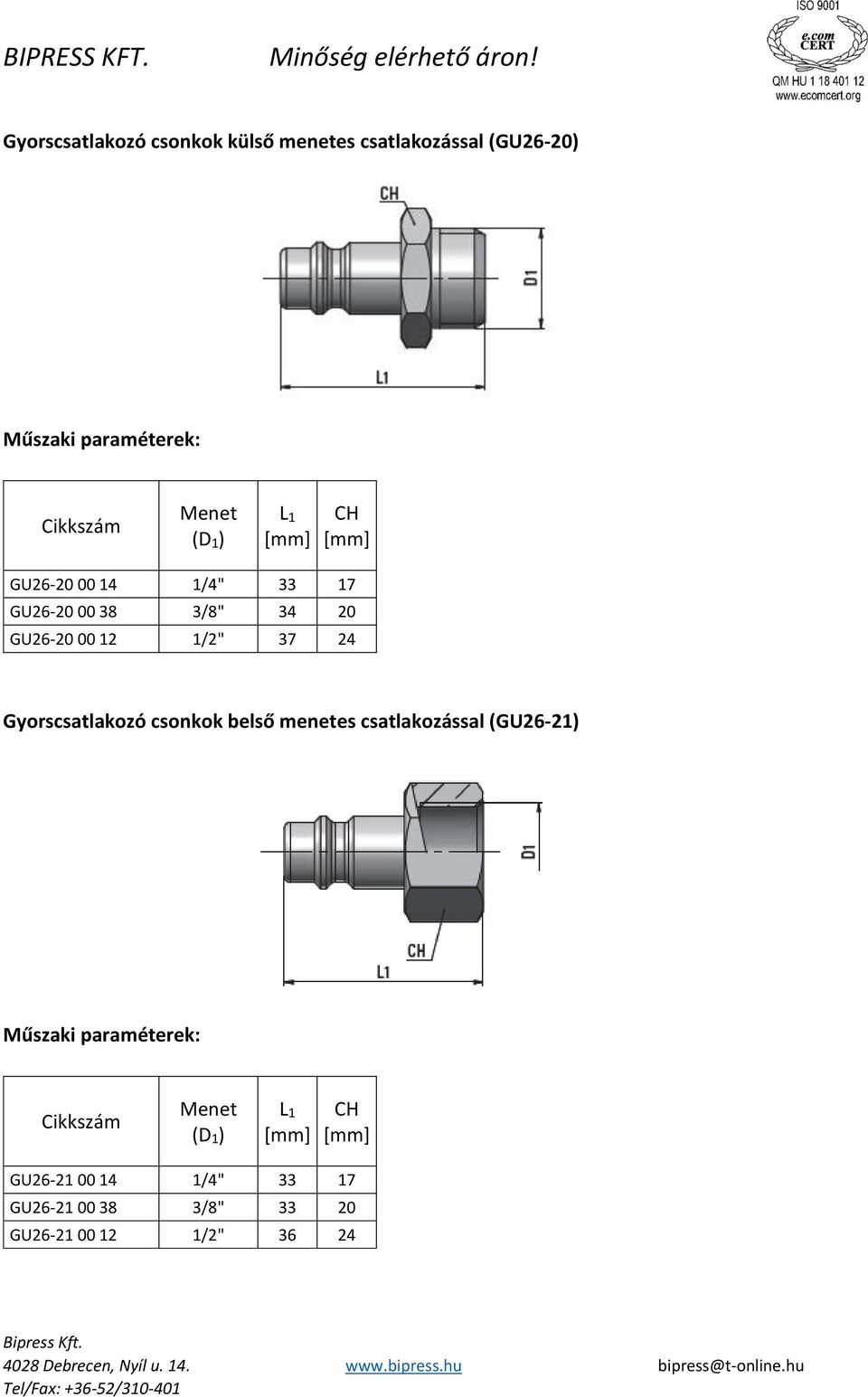 37 24 Gyorscsatlakozó csonkok belső menetes csatlakozással (GU26-21) (