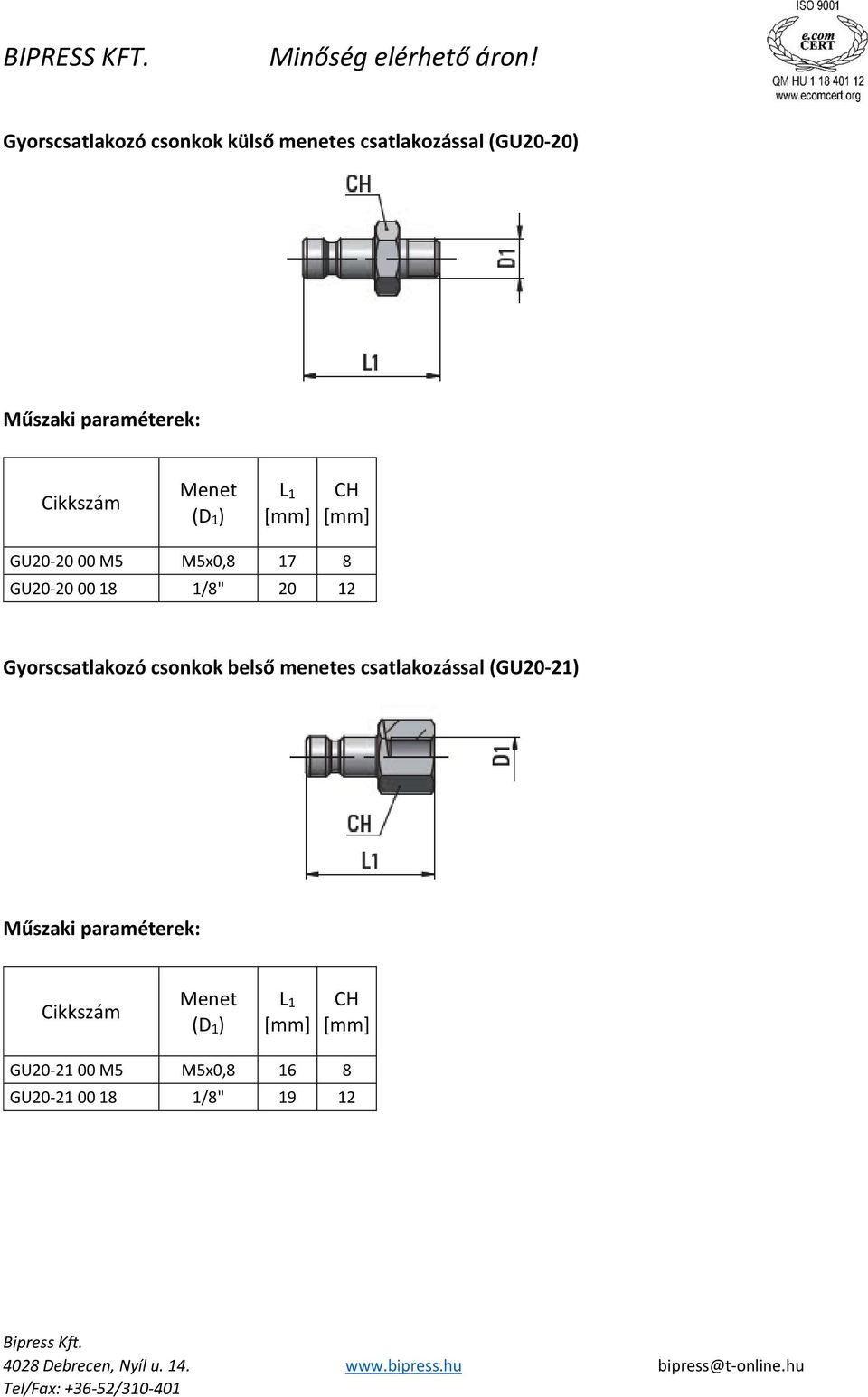 20 12 Gyorscsatlakozó csonkok belső menetes csatlakozással