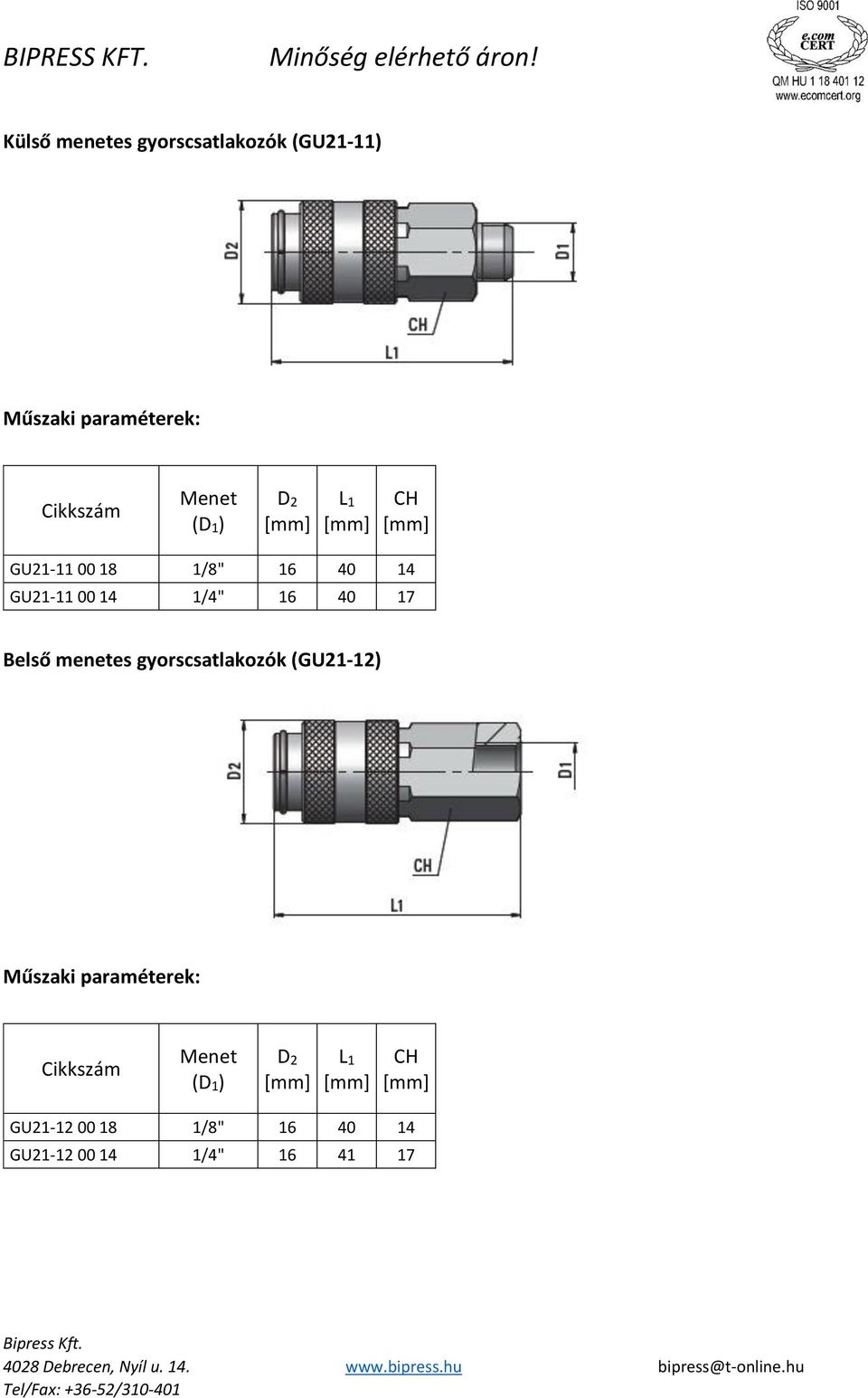 40 17 Belső menetes gyorscsatlakozók (GU21-12) ( )