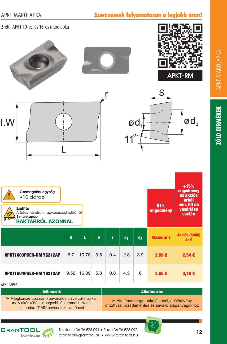 50 db vásárlása esetén d L S r d 1 d 2 Akciós ár Akciós (50db) ár APKT1003PDER-RM YG212AP 6.7 10.78 3.5 0.4 2.8 3.9 2,99 2,54 APKT1604PDER-RM YG212AP 9.52 16.39 5.3 0.