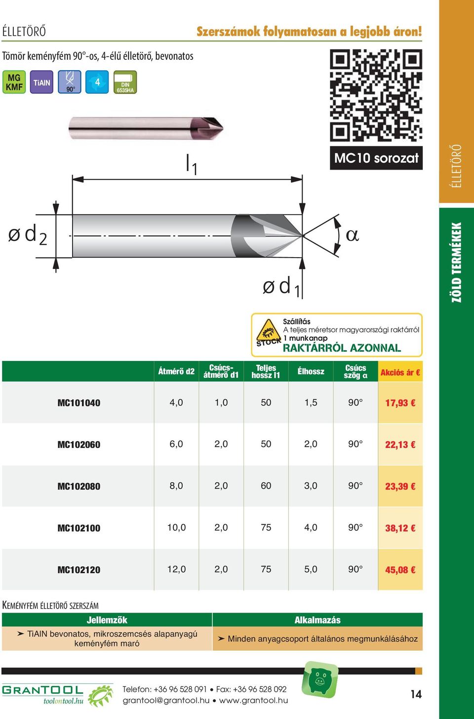 23,39 MC102100 10,0 2,0 75 4,0 90 38,12 MC102120 12,0 2,0 75 5,0 90 45,08 KEMÉNYFÉM ÉLLETÖRŐ SZERSZÁM TiAlN bevonatos, mikroszemcsés alap