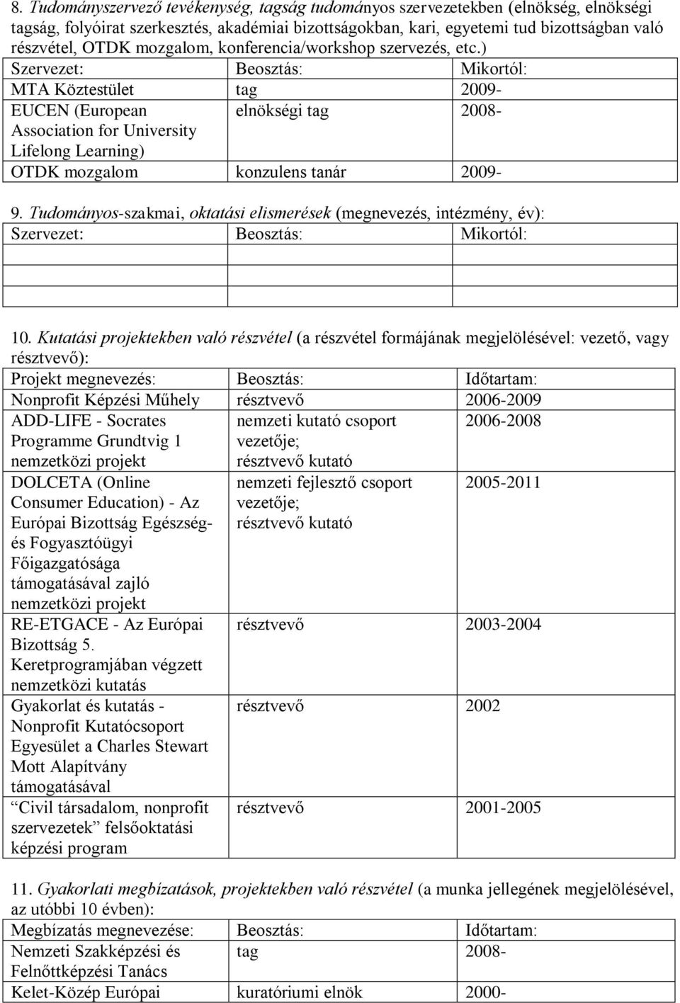 ) Szervezet: Beosztás: Mikortól: MTA Köztestület tag 2009- EUCEN (European elnökségi tag 2008- Association for University Lifelong Learning) OTDK mozgalom konzulens tanár 2009-9.