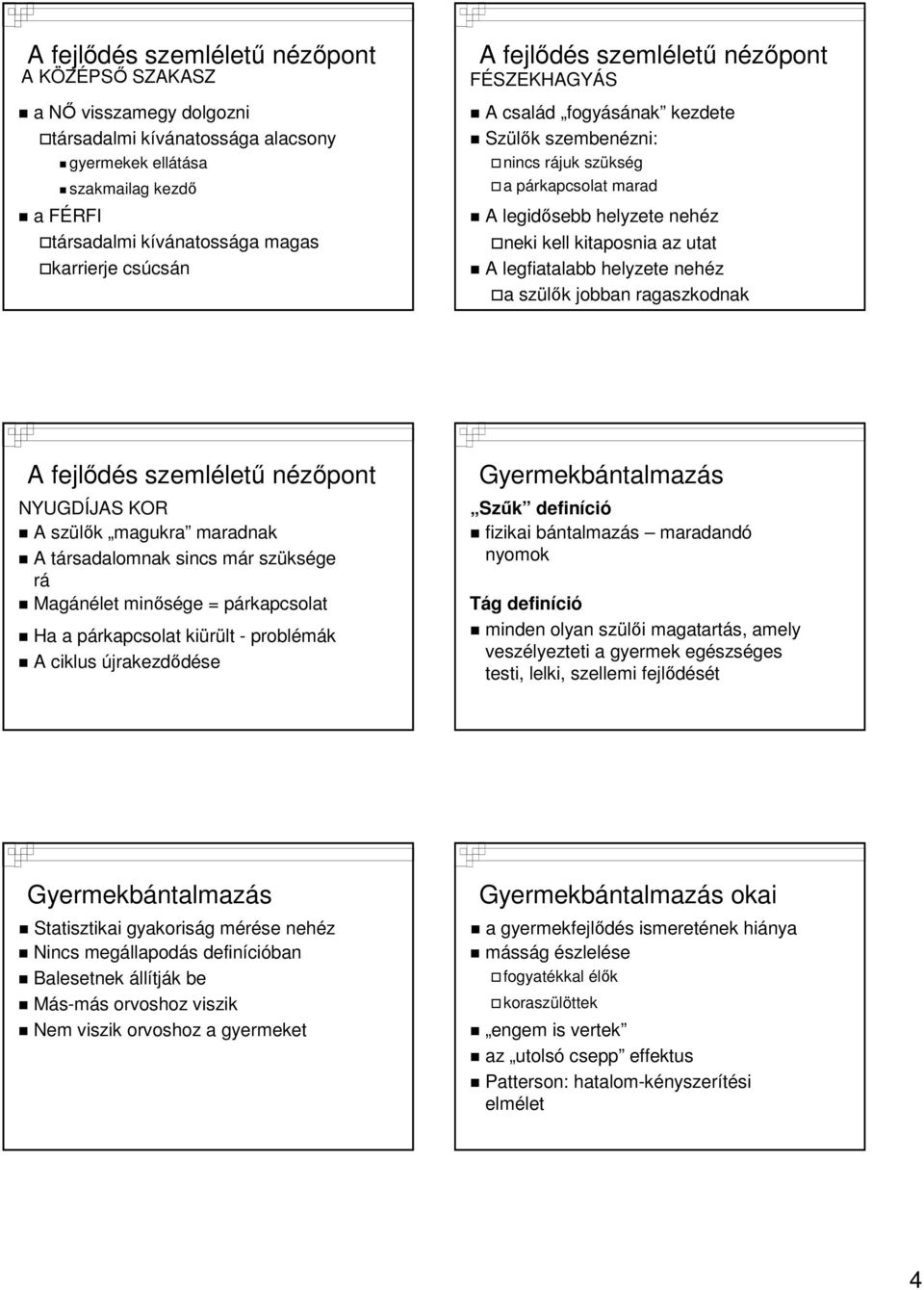 NYUGDÍJAS KOR A szülők magukra maradnak A társadalomnak sincs már szüksége rá Magánélet minősége = párkapcsolat Ha a párkapcsolat kiürült - problémák A ciklus újrakezdődése Gyermekbántalmazás Szűk