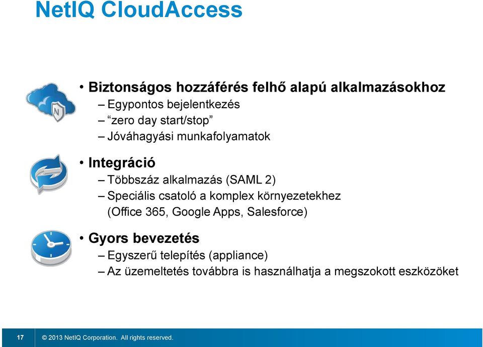 komplex környezetekhez (Office 365, Google Apps, Salesforce) Gyors bevezetés Egyszerű telepítés