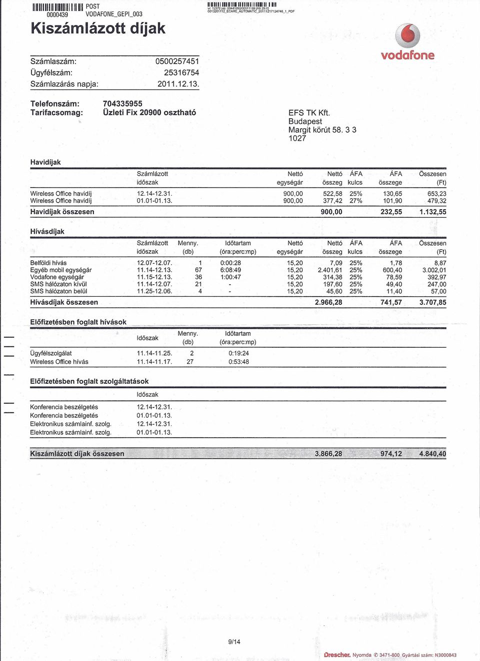 132,55 Számlázott Idötartam Nettó Nettó ÁFA ÁFA Összesen idöszak egységár összeg kulcs összege (Ft) Belföldi hívás 12.07-12.07. 1 0:00:28 15,20 7,09 25% 1,78 8,87 Egyéb mobil egységár 11.14-12.13. 67 6:08:49 15,20 2.