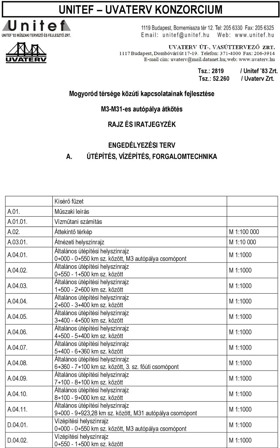 között A.04.06. 4+500-5+400 km sz. között A.04.07. 5+400-6+360 km sz. között A.04.08. 6+360-7+100 km sz. között, 3. sz. főúti csomópont A.04.09. 7+100-8+100 km sz. között A.04.10. 8+100-9+000 km sz.