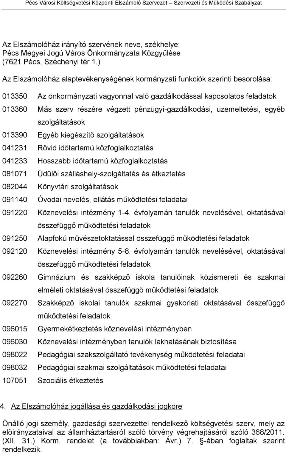 pénzügyi-gazdálkodási, üzemeltetési, egyéb szolgáltatások 013390 Egyéb kiegészítő szolgáltatások 041231 Rövid időtartamú közfoglalkoztatás 041233 Hosszabb időtartamú közfoglalkoztatás 081071 Üdülői