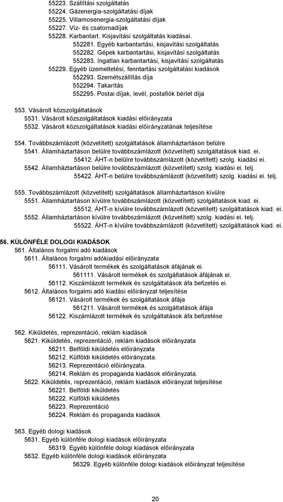 Egyéb üzemeltetési, fenntartási szolgáltatási kiadások 552293. Szemétszállítás díja 552294. Takarítás 552295. Postai díjak, levél, postafiók bérlet díja 553. Vásárolt közszolgáltatások 5531.