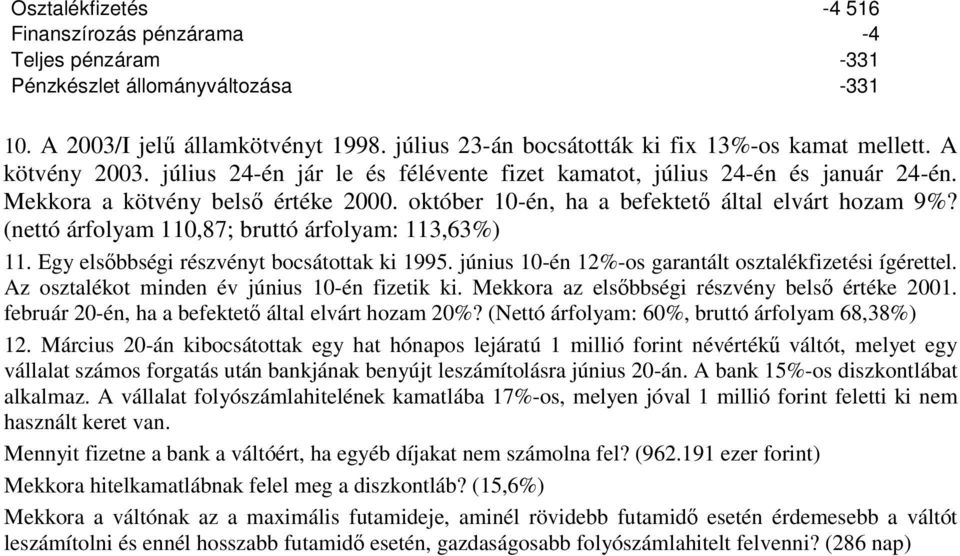 (nettó árfolyam 110,87; bruttó árfolyam: 113,63%) 11. Egy elsőbbségi részvényt bocsátottak ki 1995. június 10-én 12%-os garantált osztalékfizetési ígérettel.