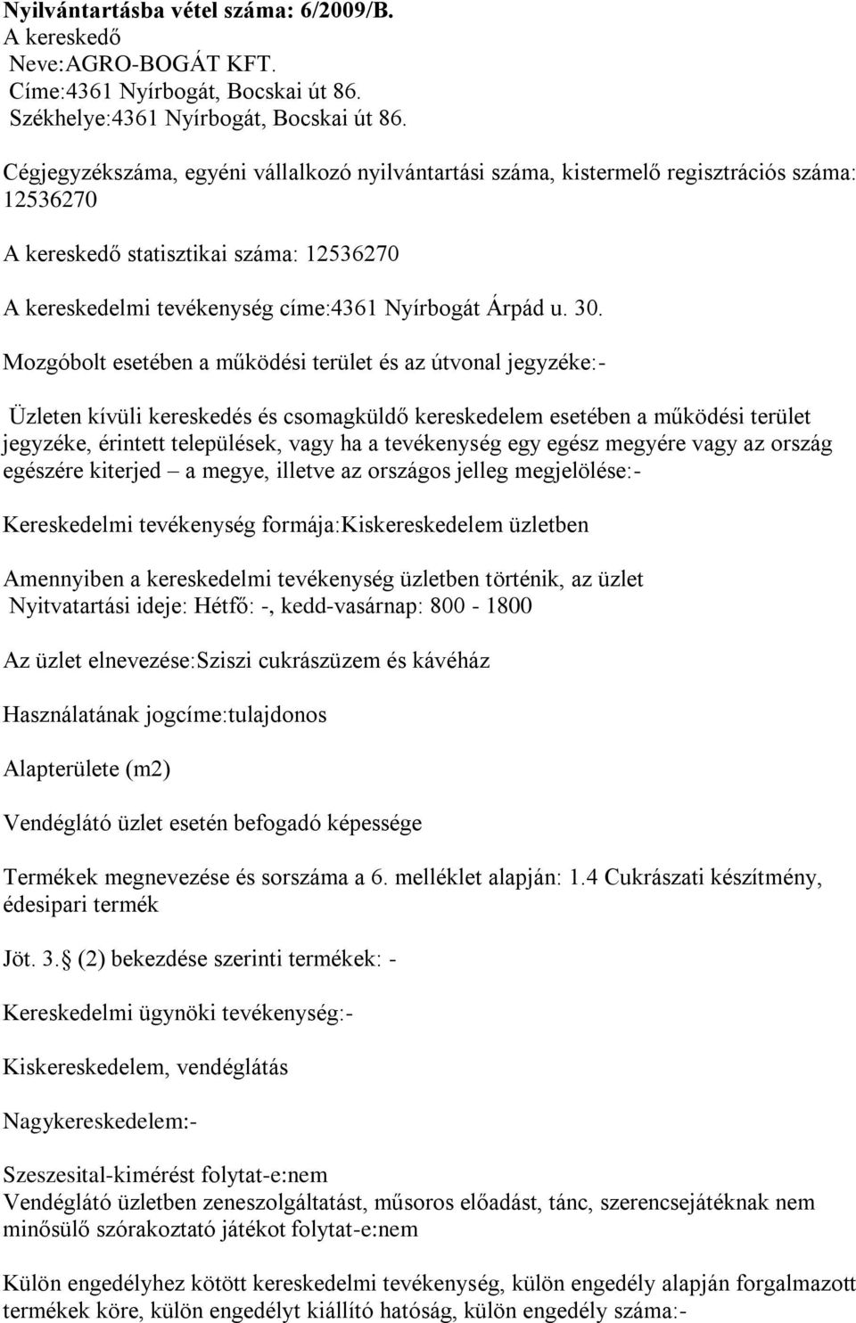 Nyitvatartási ideje: Hétfő: -, kedd-vasárnap: 800-1800 Az üzlet elnevezése:sziszi cukrászüzem és kávéház Használatának jogcíme:tulajdonos Alapterülete (m2) Vendéglátó üzlet esetén