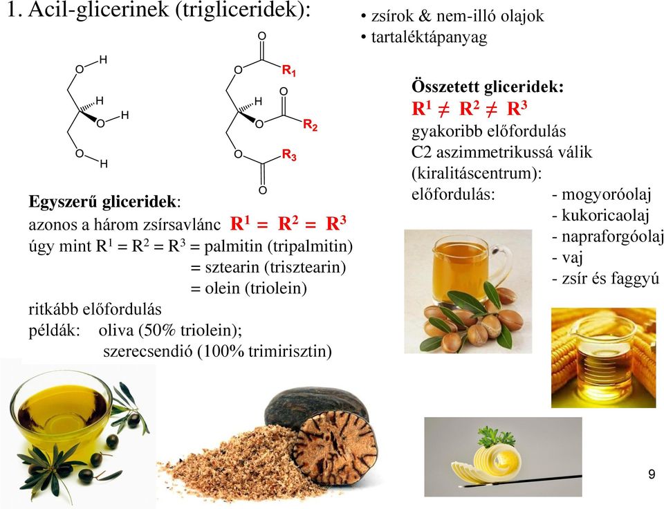 előfordulás példák: oliva (50% triolein); szerecsendió (100% trimirisztin) Összetett gliceridek: R 1 R 2 R 3 gyakoribb