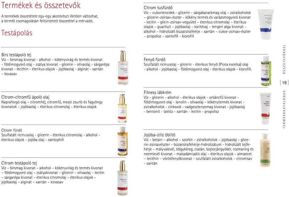 citromolaj éterikus olajok guarliszt jojóbaolaj karitévaj tengeri alga kivonat alkohol hidrolizált búzacsírafeérje - xantán cukor-zsírsav-észter propolisz xantofill - klorofill Birs testápoló tej Víz