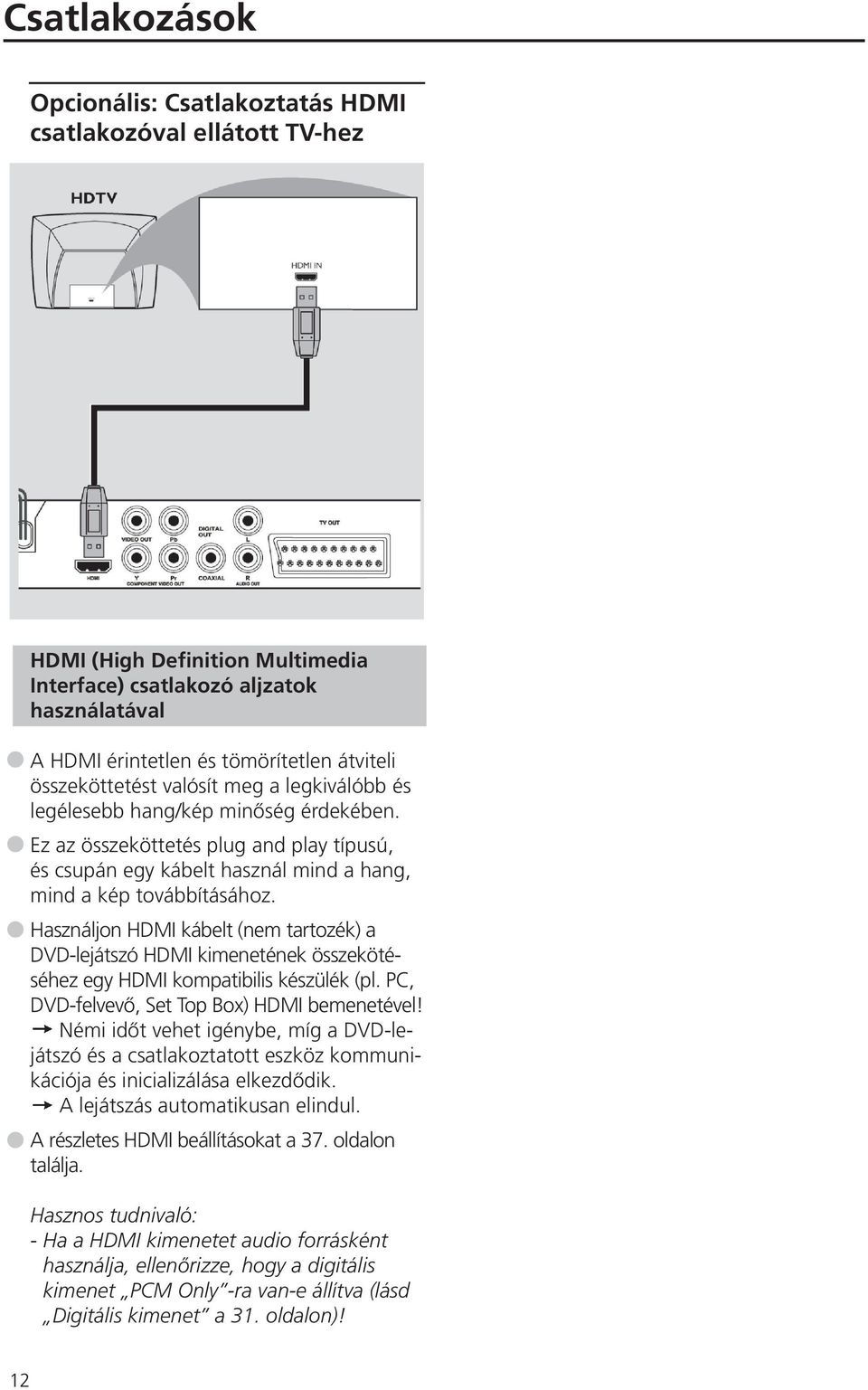 Használjon HDMI kábelt (nem tartozék) a DVD-lejátszó HDMI kimenetének összekötéséhez egy HDMI kompatibilis készülék (pl. PC, DVD-felvevő, Set Top Box) HDMI bemenetével!