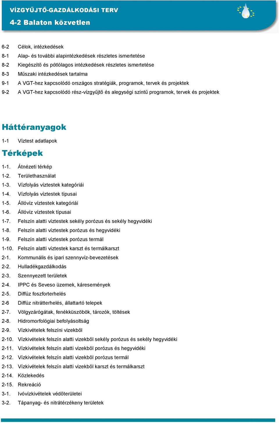 1-1. Átnézeti térkép 1-2. Területhasználat 1-3. Vízfolyás víztestek kategóriái 1-4. Vízfolyás víztestek típusai 1-5. Állóvíz víztestek kategóriái 1-6. Állóvíz víztestek típusai 1-7.