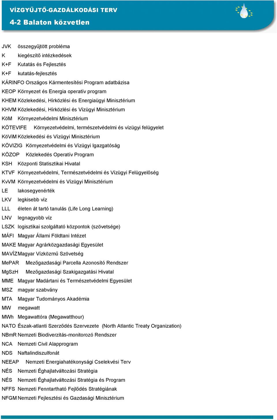 felügyelet KöViM Közlekedési és Vízügyi Minisztérium KÖVIZIG Környezetvédelmi és Vízügyi Igazgatóság KÖZOP Közlekedés Operatív Program KSH Központi Statisztikai Hivatal KTVF Környezetvédelmi,
