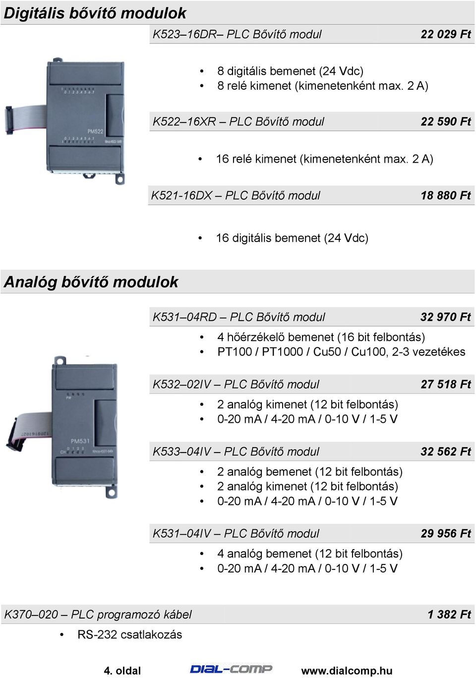 2 A) K521-16DX PLC Bővítő modul 18 880 Ft 16 digitális bemenet (24 Vdc) Analóg bővítő modulok K531 04RD PLC Bővítő modul 32 970 Ft 4 hőérzékelő bemenet (16 bit felbontás) PT100 / PT1000 / Cu50 /