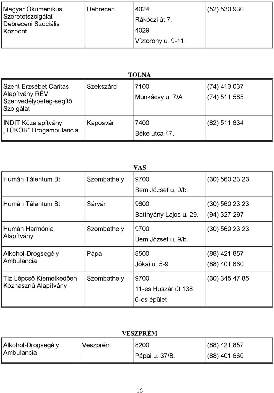 (74) 413 037 (74) 511 585 (82) 511 634 VAS Humán Tálentum Bt. Szombathely 9700 Bem József u. 9/b. Humán Tálentum Bt. Sárvár 9600 Batthyány Lajos u. 29.