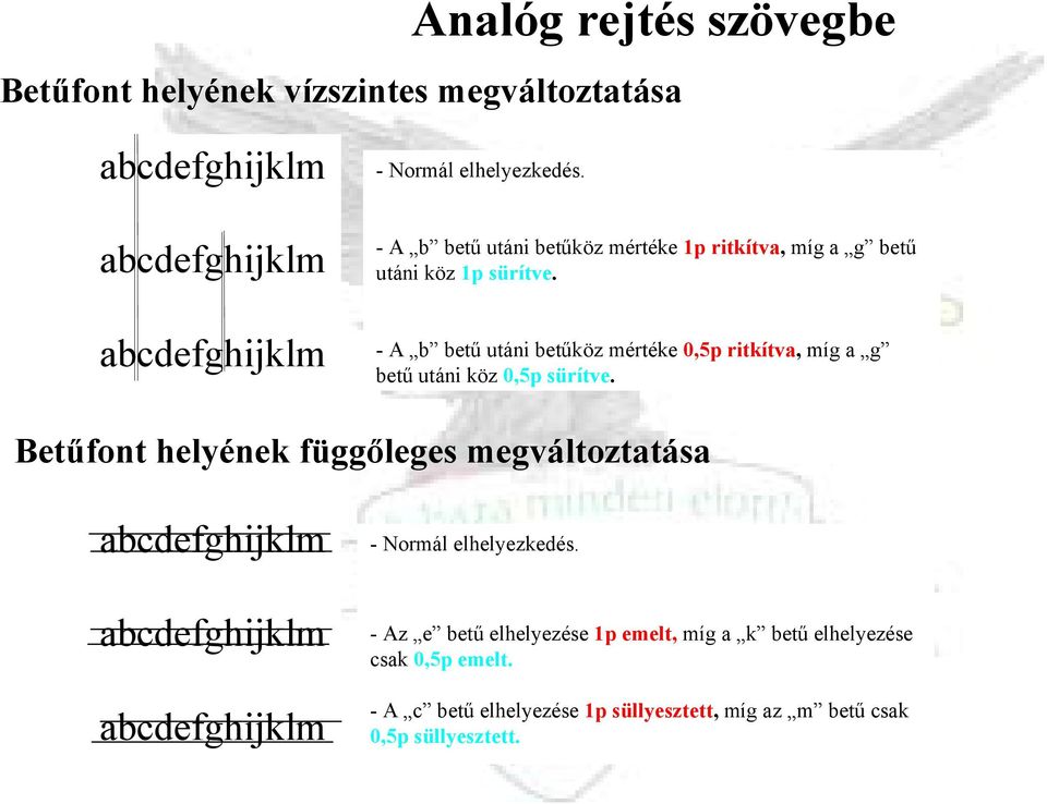 - A b betű utáni betűköz mértéke 0,5p ritkítva, míg a g betű utáni köz 0,5p sürítve.
