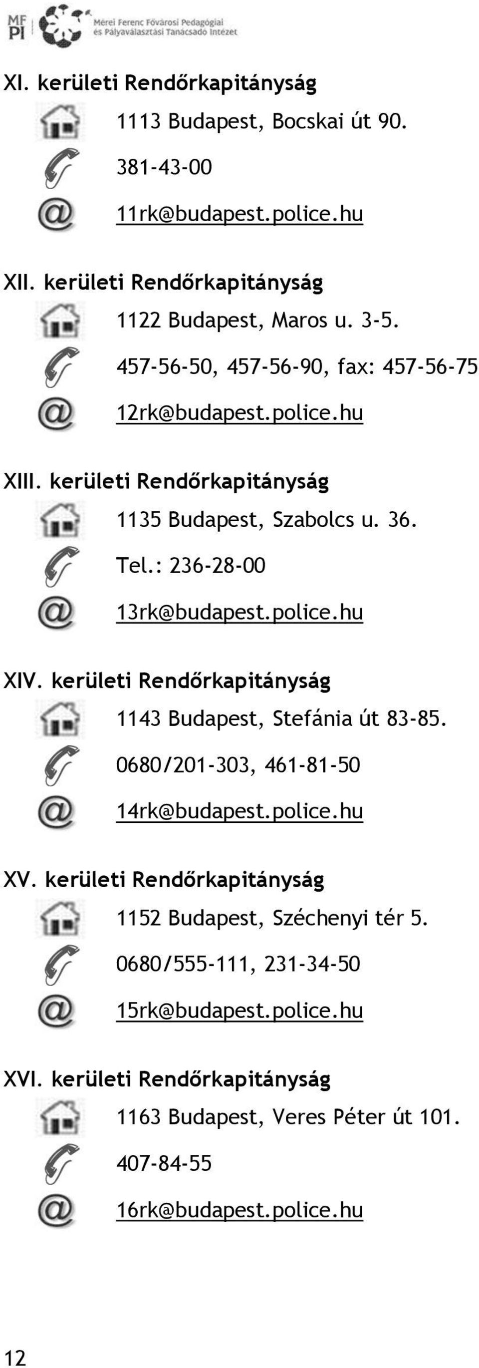 kerületi Rendőrkapitányság 1143 Budapest, Stefánia út 83-85. 0680/201-303, 461-81-50 14rk@budapest.police.hu XV.