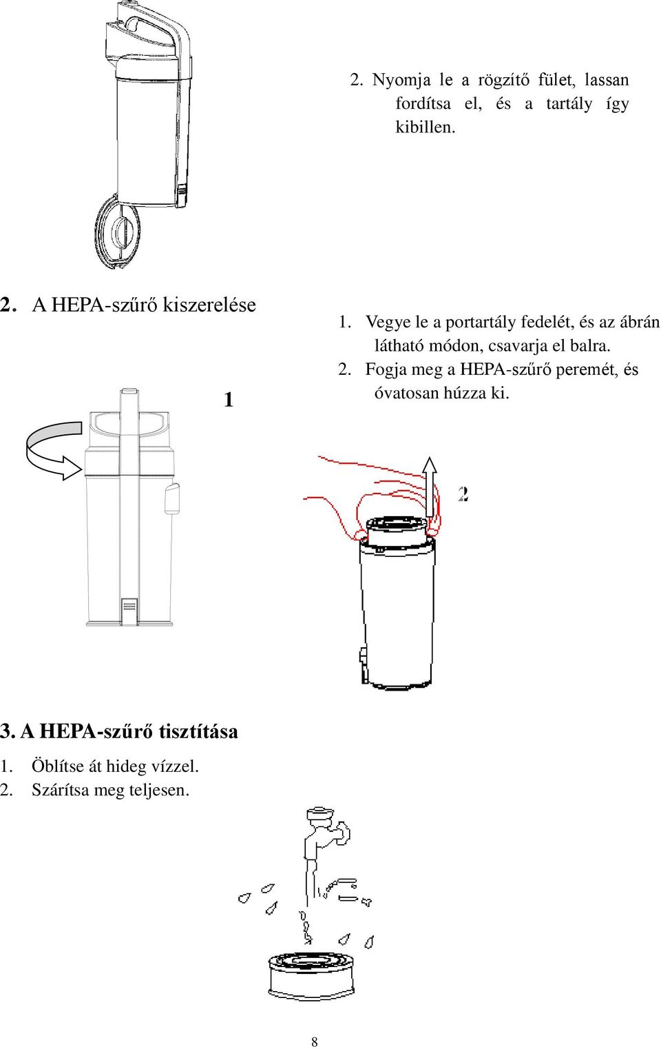 Vegye le a portartály fedelét, és az ábrán látható módon, csavarja el balra. 2.