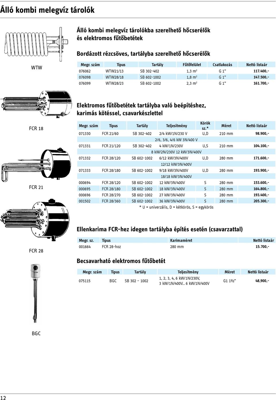 700,- Elektromos fűtőbetétek tartályba való beépítéshez, karimás kötéssel, csavarkészlettel FCR 18 FCR 21 Megr. szám Típus Tartály Teljesítmény Körök sz.