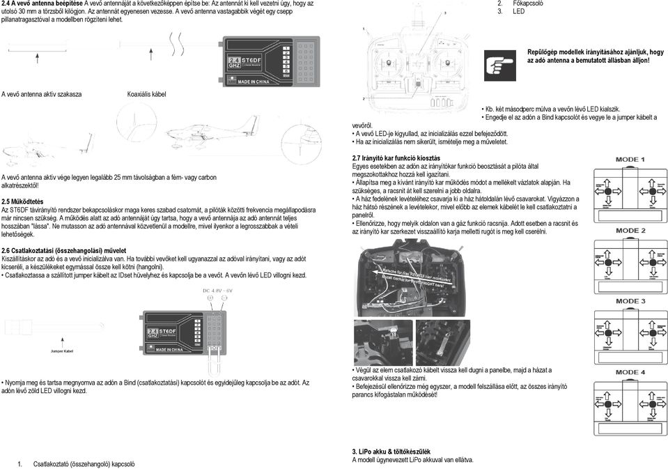 LED Repülőgép modellek irányításához ajánljuk, hogy az adó antenna a bemutatott állásban álljon! A vevő antenna aktív szakasza Koaxiális kábel Kb. két másodperc múlva a vevőn lévő LED kialszik.