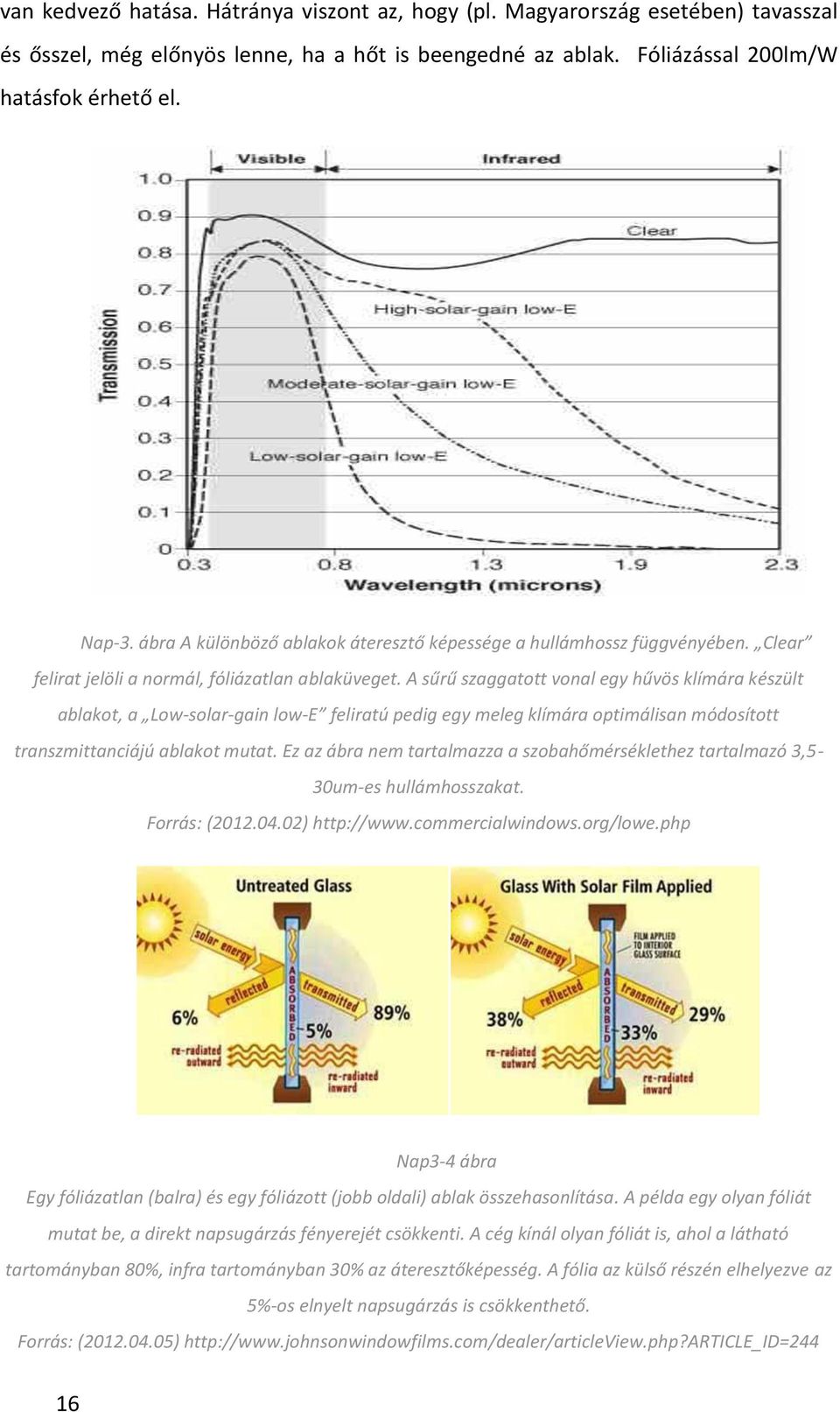 A sűrű szaggatott vonal egy hűvös klímára készült ablakot, a Low-solar-gain low-e feliratú pedig egy meleg klímára optimálisan módosított transzmittanciájú ablakot mutat.