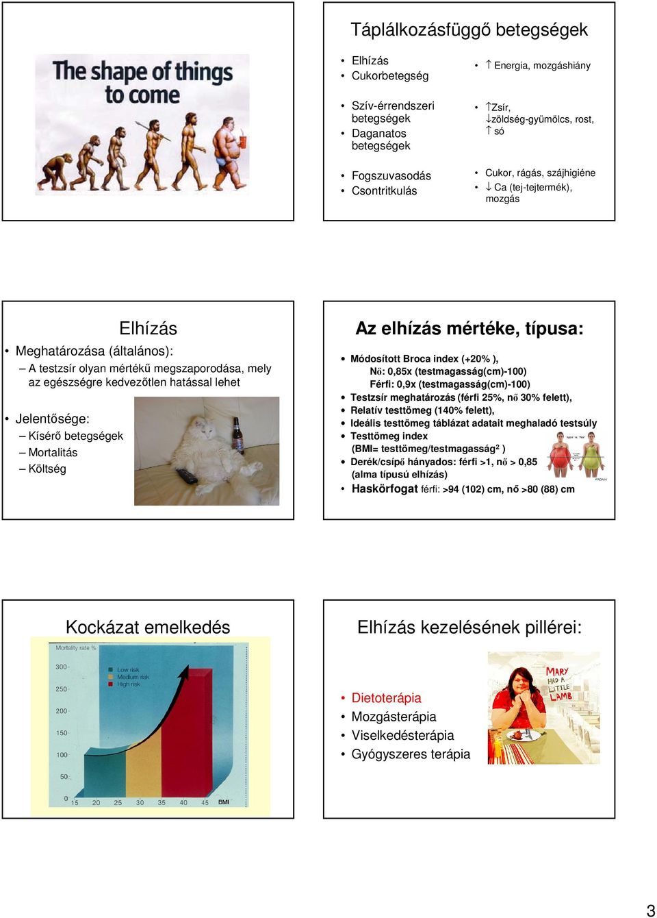 Mortalitás Költség Az elhízás mértéke, típusa: Módosított Broca index (+20% ), Nő: 0,85x (testmagasság(cm)-100) Férfi: 0,9x (testmagasság(cm)-100) Testzsír meghatározás (férfi 25%, nő 30% felett),