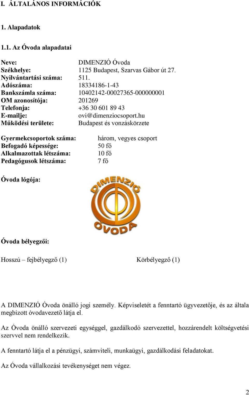 hu Működési területe: Budapest és vonzáskörzete Gyermekcsoportok száma: Befogadó képessége: Alkalmazottak létszáma: Pedagógusok létszáma: három, vegyes csoport 50 fő 10 fő 7 fő Óvoda lógója: Óvoda