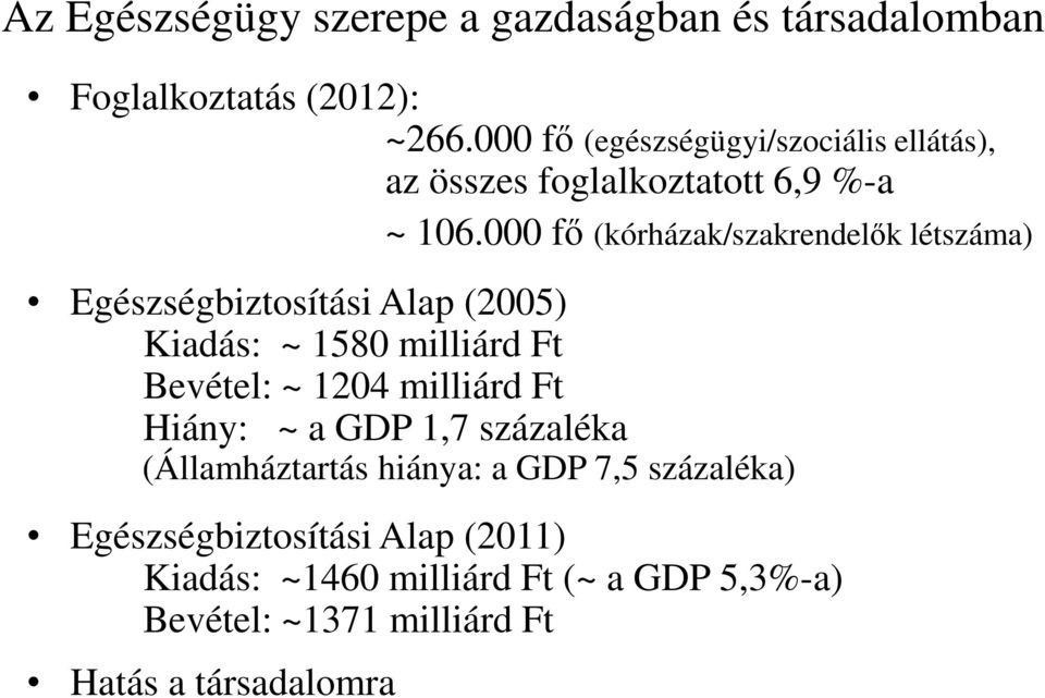 000 fő (kórházak/szakrendelők létszáma) Egészségbiztosítási Alap (2005) Kiadás: ~ 1580 milliárd Ft Bevétel: ~ 1204