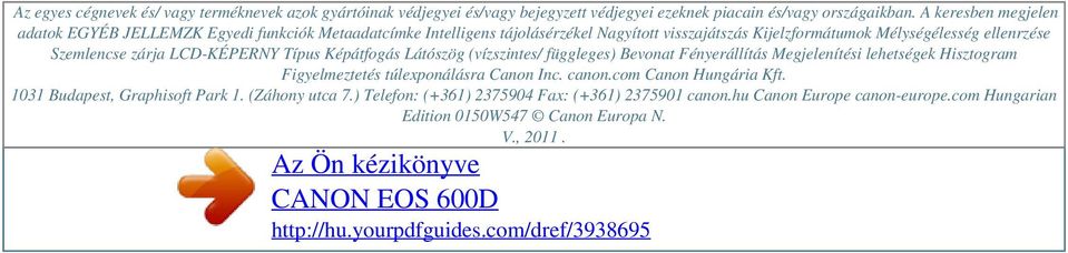 zárja LCD-KÉPERNY Típus Képátfogás Látószög (vízszintes/ függleges) Bevonat Fényerállítás Megjelenítési lehetségek Hisztogram Figyelmeztetés túlexponálásra Canon Inc. canon.