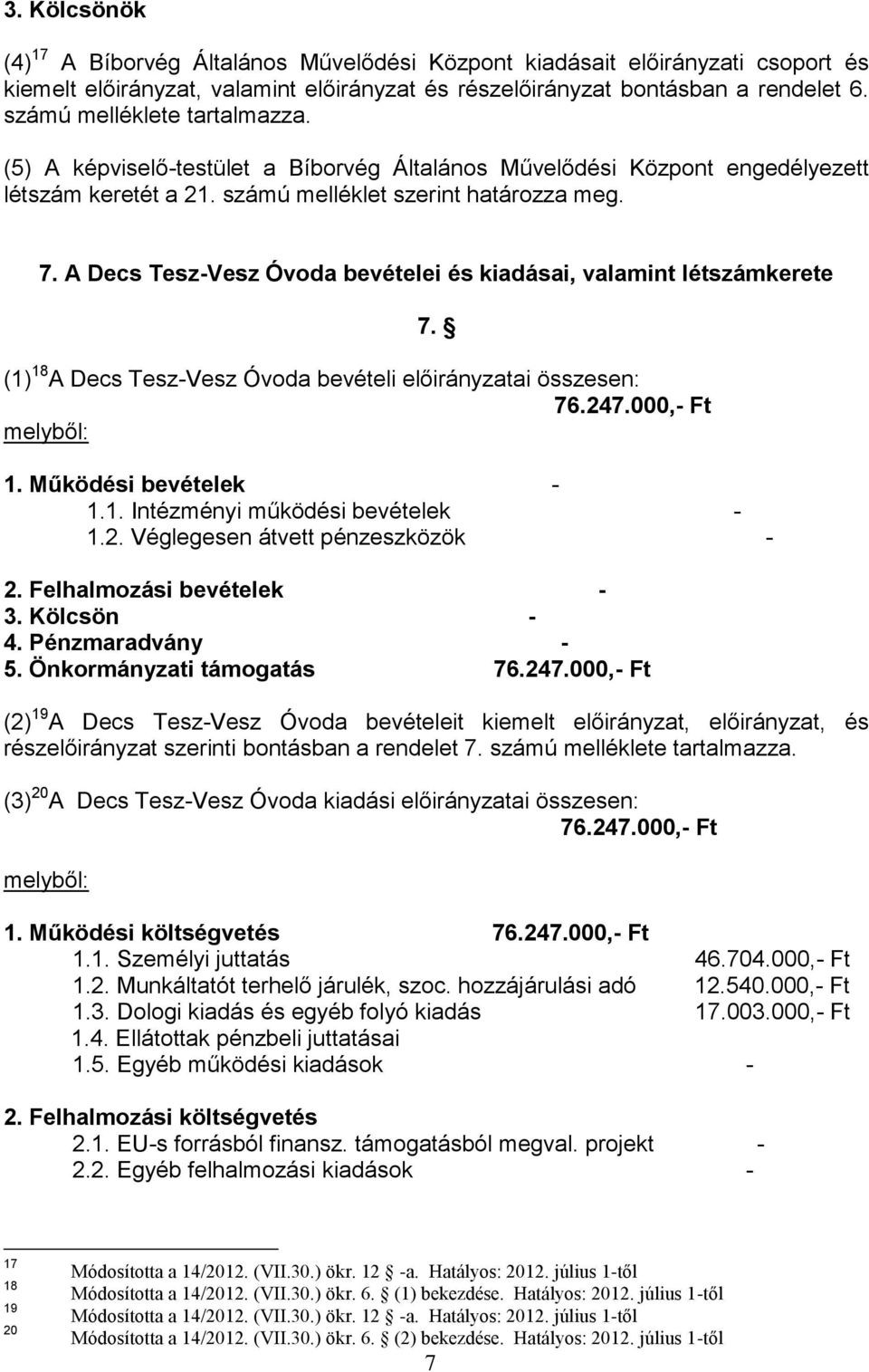 A Decs Tesz-Vesz Óvoda bevételei és kiadásai, valamint létszámkerete 7. () 8 A Decs Tesz-Vesz Óvoda bevételi előirányzatai összesen: 76.247.000,- Ft. Működési bevételek -.