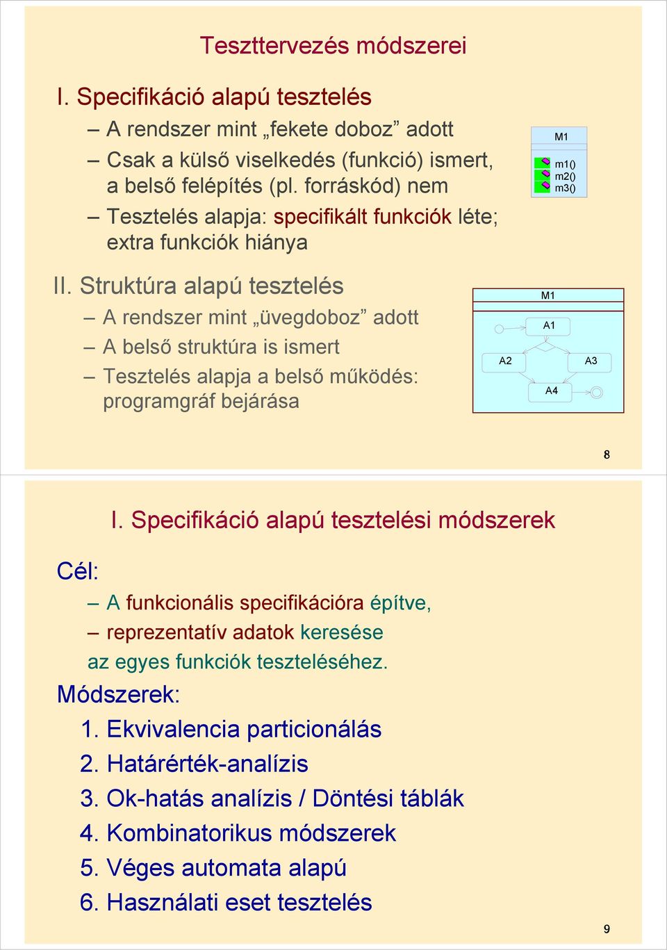 Struktúra alapú tesztelés A rendszer mint üvegdoboz adott A belső struktúra is ismert Tesztelés alapja a belső működés: programgráf bejárása A2 M1 A1 A4 A3 8 I.