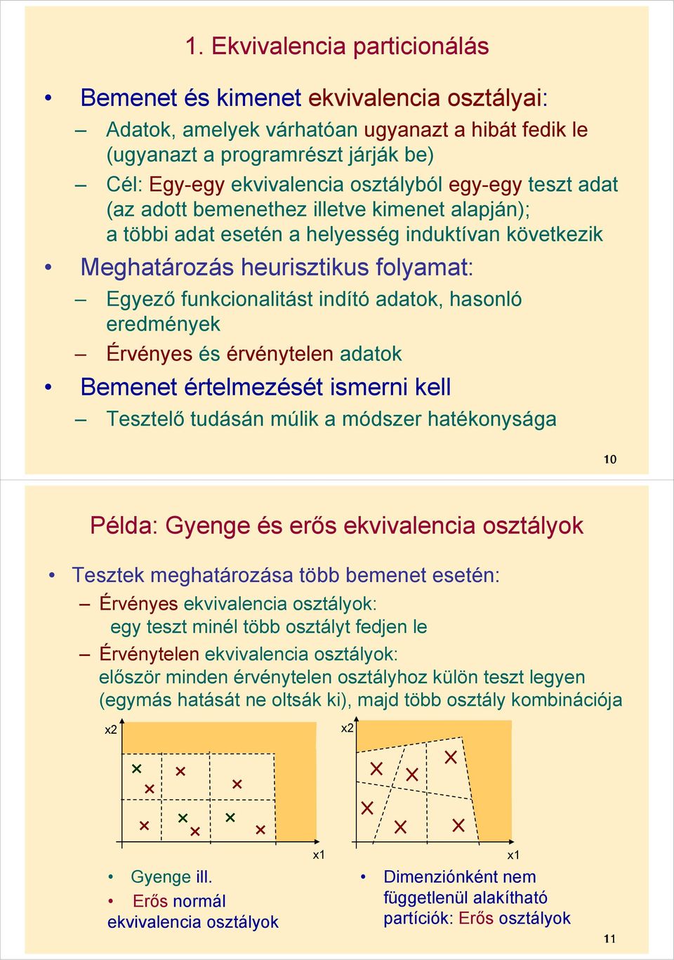 hasonló eredmények Érvényes és érvénytelen adatok Bemenet értelmezését ismerni kell Tesztelő tudásán múlik a módszer hatékonysága 10 Példa: Gyenge és erős ekvivalencia osztályok Tesztek meghatározása