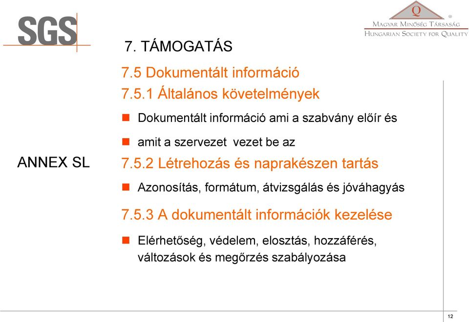 1 Általános követelmények Dokumentált információ ami a szabvány előír és ANNEX SL amit a