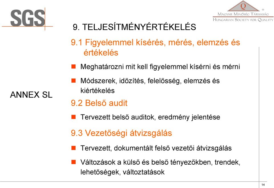 ANNEX SL Módszerek, időzítés, felelősség, elemzés és kiértékelés 9.